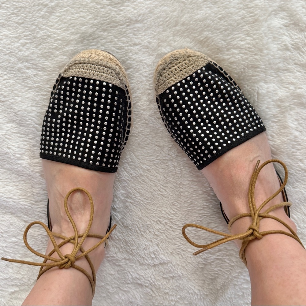 Groove Marley Studded Espadrille Tie-Up Sandals Black Silver Size 7.5